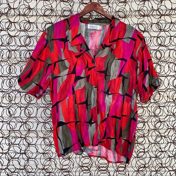 Vintage 90s Rafaella red abstract button blouse - Picture 1 of 6